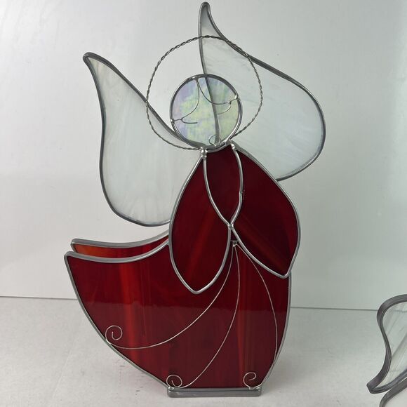 Vintage Stained Glass Angel Pair Artist Signed Cathy Holiday Christmas Religious - Picture 3 of 10